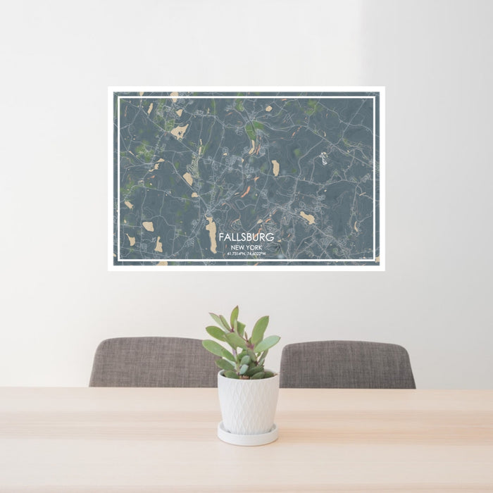 24x36 Fallsburg New York Map Print Lanscape Orientation in Afternoon Style Behind 2 Chairs Table and Potted Plant