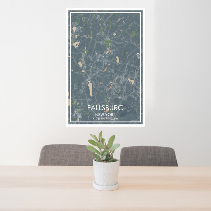 24x36 Fallsburg New York Map Print Portrait Orientation in Afternoon Style Behind 2 Chairs Table and Potted Plant