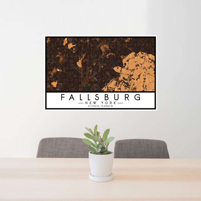 24x36 Fallsburg New York Map Print Lanscape Orientation in Ember Style Behind 2 Chairs Table and Potted Plant