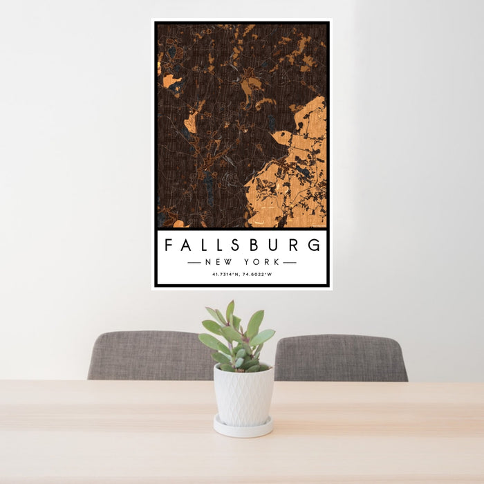 24x36 Fallsburg New York Map Print Portrait Orientation in Ember Style Behind 2 Chairs Table and Potted Plant