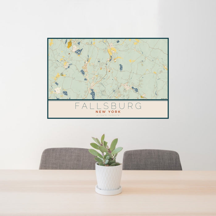 24x36 Fallsburg New York Map Print Lanscape Orientation in Woodblock Style Behind 2 Chairs Table and Potted Plant