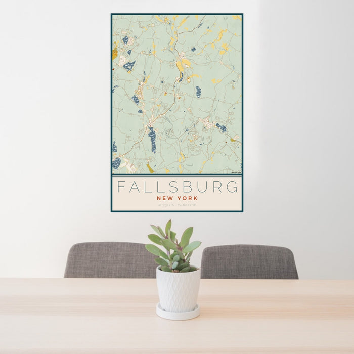 24x36 Fallsburg New York Map Print Portrait Orientation in Woodblock Style Behind 2 Chairs Table and Potted Plant