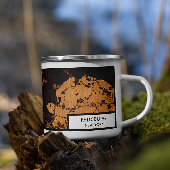 Right View Custom Fallsburg New York Map Enamel Mug in Ember on Grass With Trees in Background