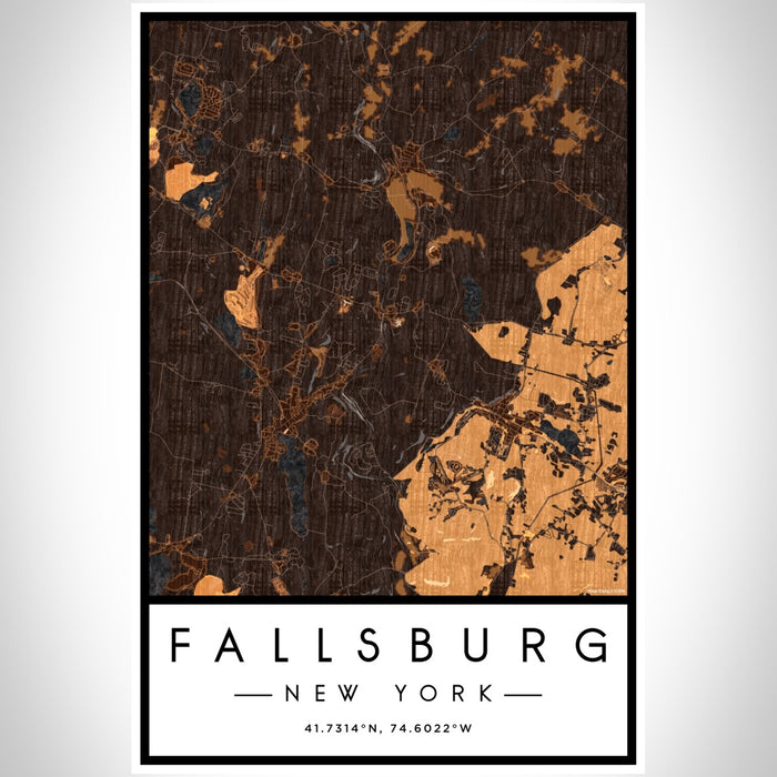 Fallsburg New York Map Print Portrait Orientation in Ember Style With Shaded Background