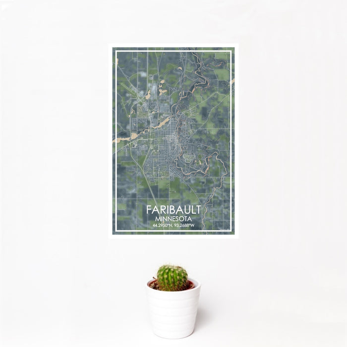 12x18 Faribault Minnesota Map Print Portrait Orientation in Afternoon Style With Small Cactus Plant in White Planter