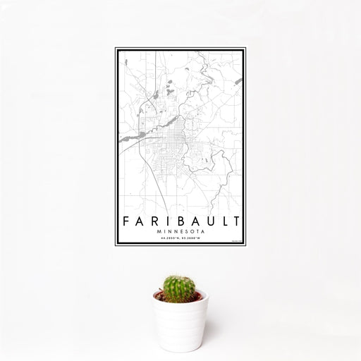 12x18 Faribault Minnesota Map Print Portrait Orientation in Classic Style With Small Cactus Plant in White Planter