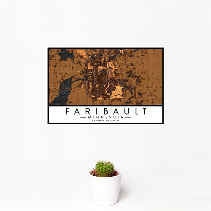 12x18 Faribault Minnesota Map Print Landscape Orientation in Ember Style With Small Cactus Plant in White Planter