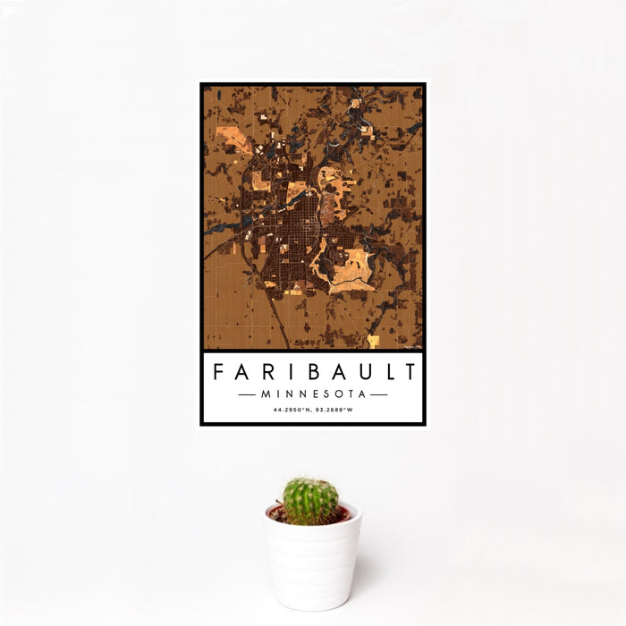 12x18 Faribault Minnesota Map Print Portrait Orientation in Ember Style With Small Cactus Plant in White Planter