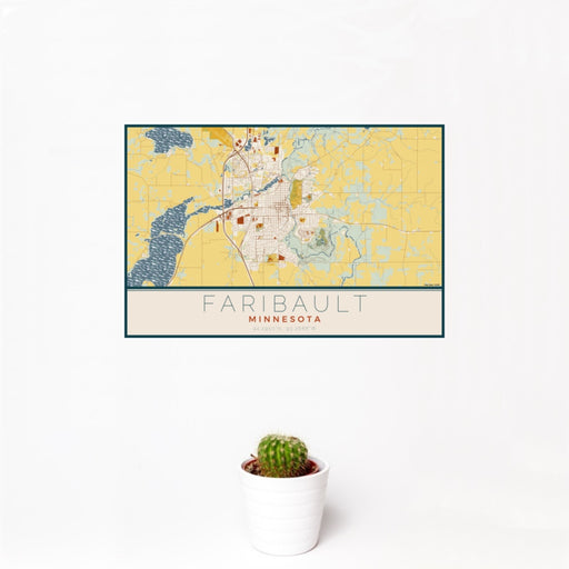 12x18 Faribault Minnesota Map Print Landscape Orientation in Woodblock Style With Small Cactus Plant in White Planter