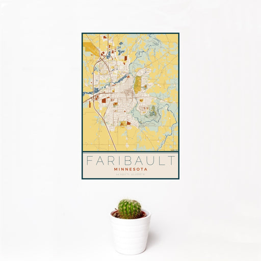 12x18 Faribault Minnesota Map Print Portrait Orientation in Woodblock Style With Small Cactus Plant in White Planter