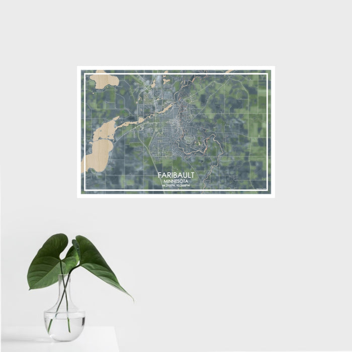 16x24 Faribault Minnesota Map Print Landscape Orientation in Afternoon Style With Tropical Plant Leaves in Water