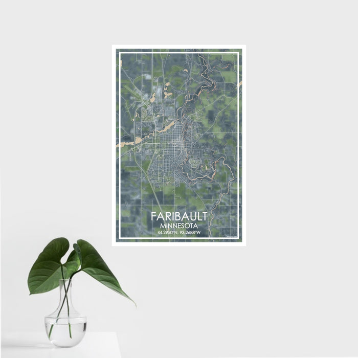 16x24 Faribault Minnesota Map Print Portrait Orientation in Afternoon Style With Tropical Plant Leaves in Water