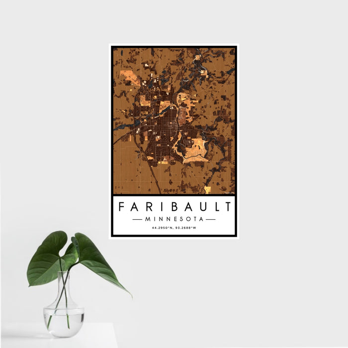 16x24 Faribault Minnesota Map Print Portrait Orientation in Ember Style With Tropical Plant Leaves in Water
