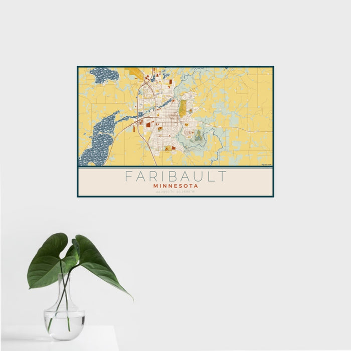 16x24 Faribault Minnesota Map Print Landscape Orientation in Woodblock Style With Tropical Plant Leaves in Water