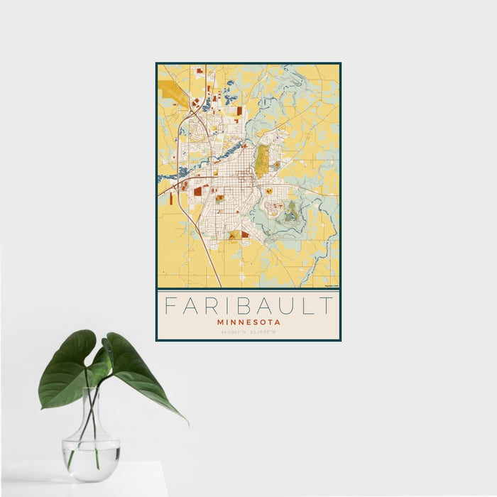 16x24 Faribault Minnesota Map Print Portrait Orientation in Woodblock Style With Tropical Plant Leaves in Water