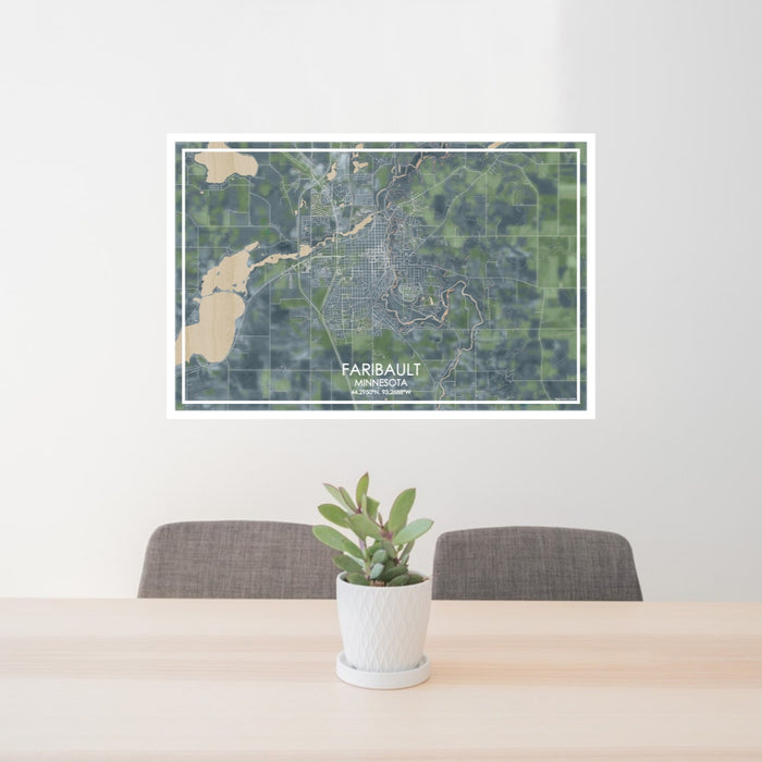 24x36 Faribault Minnesota Map Print Lanscape Orientation in Afternoon Style Behind 2 Chairs Table and Potted Plant