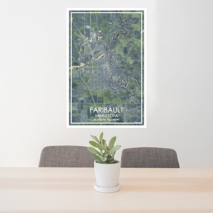24x36 Faribault Minnesota Map Print Portrait Orientation in Afternoon Style Behind 2 Chairs Table and Potted Plant