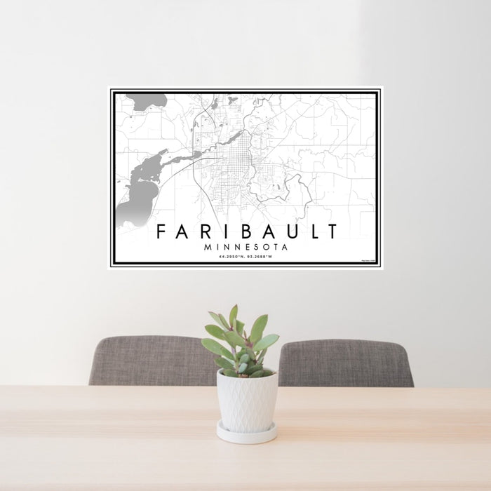 24x36 Faribault Minnesota Map Print Lanscape Orientation in Classic Style Behind 2 Chairs Table and Potted Plant