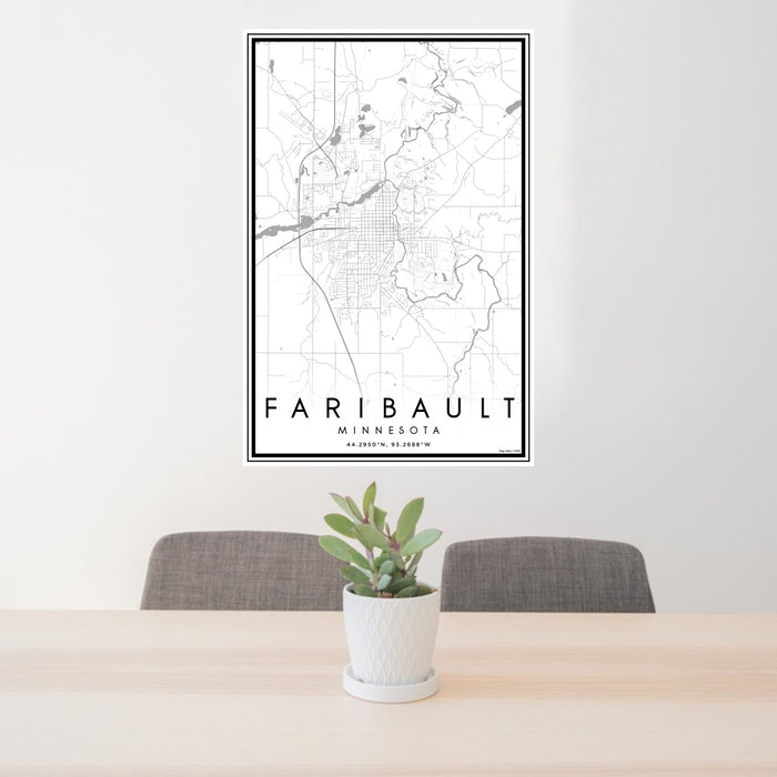 24x36 Faribault Minnesota Map Print Portrait Orientation in Classic Style Behind 2 Chairs Table and Potted Plant