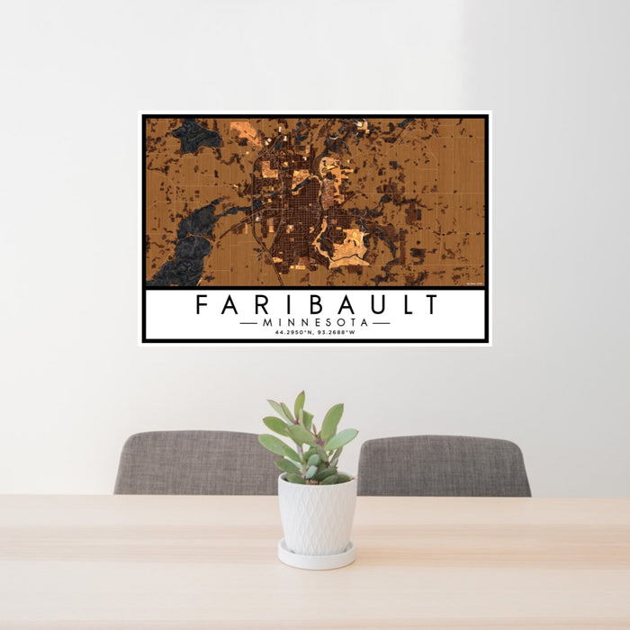 24x36 Faribault Minnesota Map Print Lanscape Orientation in Ember Style Behind 2 Chairs Table and Potted Plant