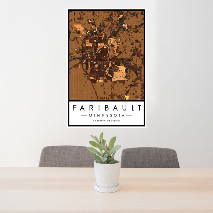 24x36 Faribault Minnesota Map Print Portrait Orientation in Ember Style Behind 2 Chairs Table and Potted Plant