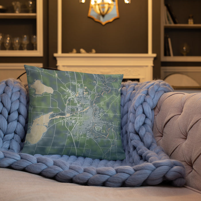 Custom Faribault Minnesota Map Throw Pillow in Afternoon on Cream Colored Couch