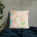 Custom Faribault Minnesota Map Throw Pillow in Watercolor on Bedding Against Wall