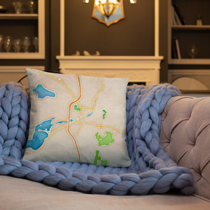Custom Faribault Minnesota Map Throw Pillow in Watercolor on Cream Colored Couch