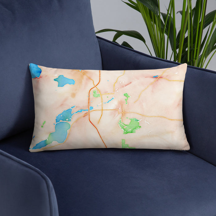 Custom Faribault Minnesota Map Throw Pillow in Watercolor on Blue Colored Chair