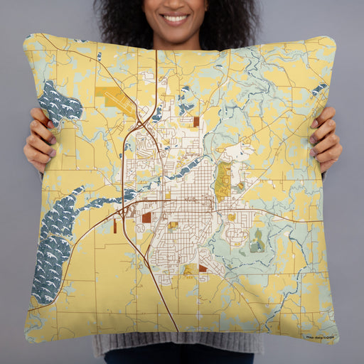 Person holding 22x22 Custom Faribault Minnesota Map Throw Pillow in Woodblock