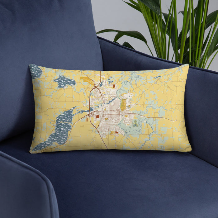 Custom Faribault Minnesota Map Throw Pillow in Woodblock on Blue Colored Chair