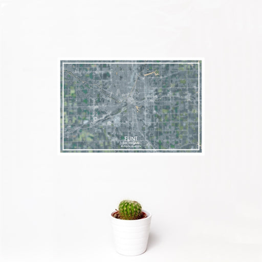 12x18 Flint Michigan Map Print Landscape Orientation in Afternoon Style With Small Cactus Plant in White Planter