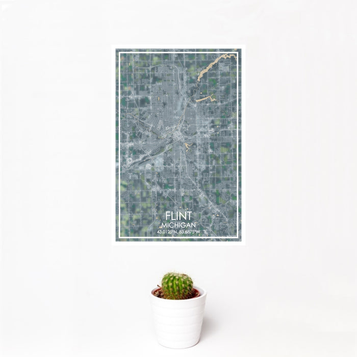 12x18 Flint Michigan Map Print Portrait Orientation in Afternoon Style With Small Cactus Plant in White Planter