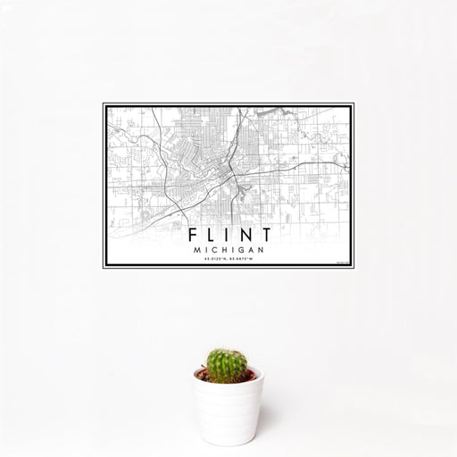 12x18 Flint Michigan Map Print Landscape Orientation in Classic Style With Small Cactus Plant in White Planter