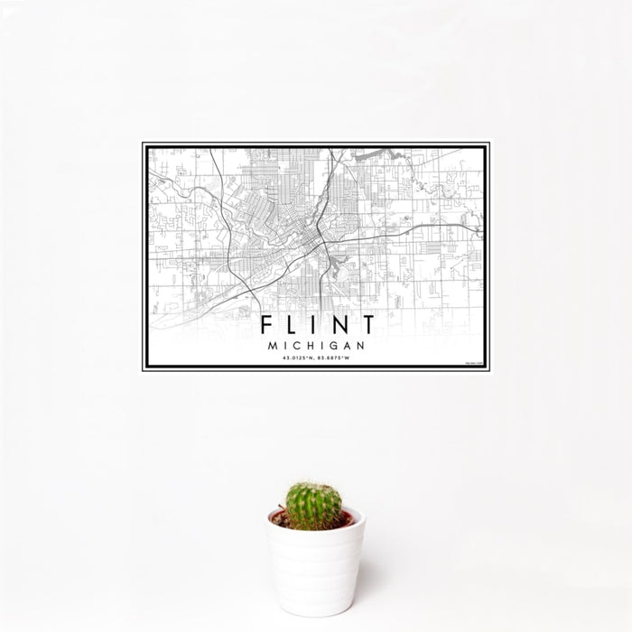 12x18 Flint Michigan Map Print Landscape Orientation in Classic Style With Small Cactus Plant in White Planter