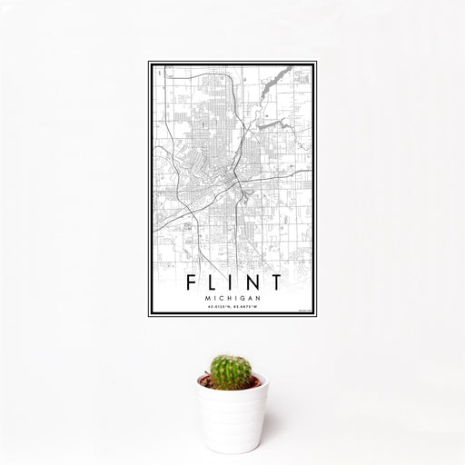 12x18 Flint Michigan Map Print Portrait Orientation in Classic Style With Small Cactus Plant in White Planter
