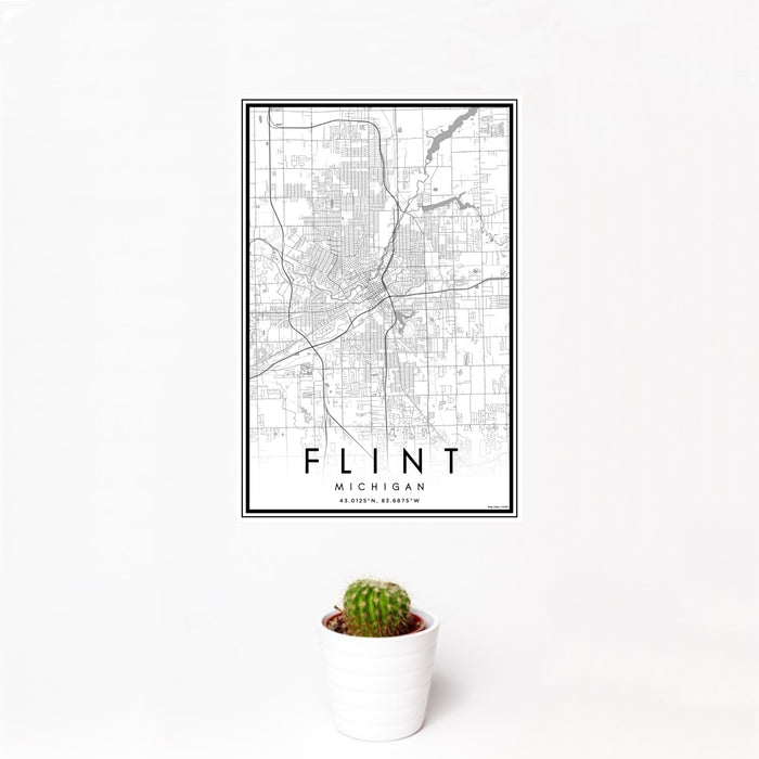 12x18 Flint Michigan Map Print Portrait Orientation in Classic Style With Small Cactus Plant in White Planter