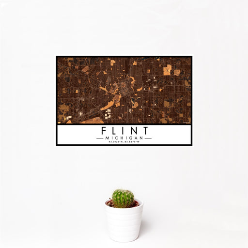 12x18 Flint Michigan Map Print Landscape Orientation in Ember Style With Small Cactus Plant in White Planter