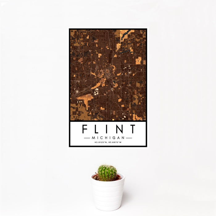 12x18 Flint Michigan Map Print Portrait Orientation in Ember Style With Small Cactus Plant in White Planter