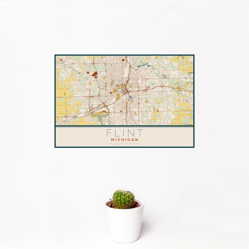 12x18 Flint Michigan Map Print Landscape Orientation in Woodblock Style With Small Cactus Plant in White Planter