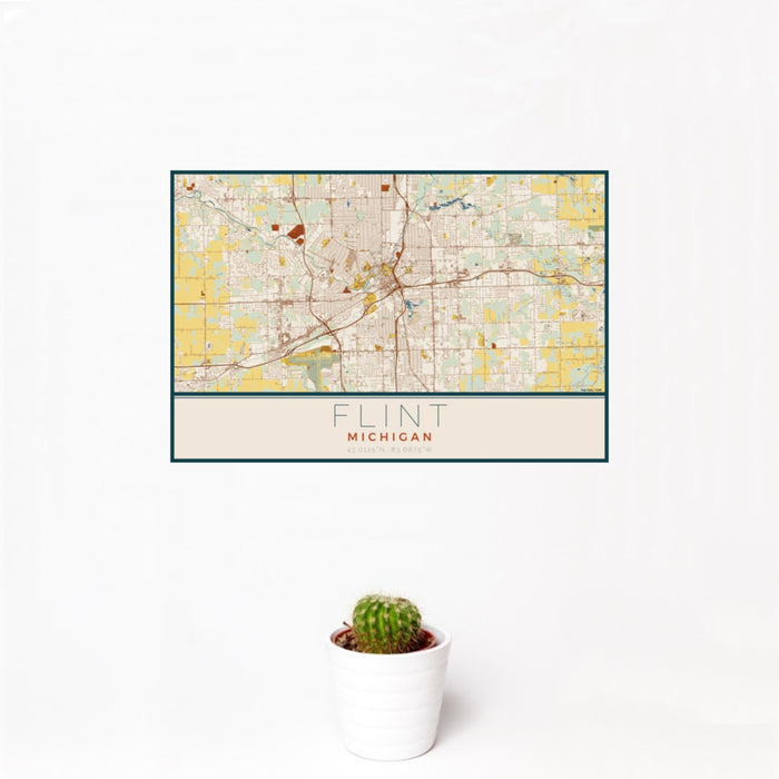 12x18 Flint Michigan Map Print Landscape Orientation in Woodblock Style With Small Cactus Plant in White Planter