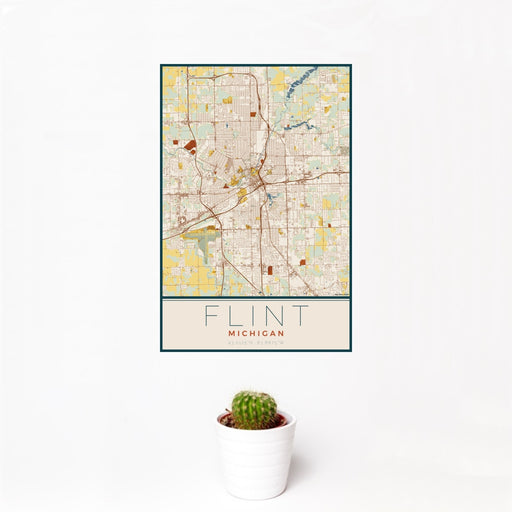 12x18 Flint Michigan Map Print Portrait Orientation in Woodblock Style With Small Cactus Plant in White Planter