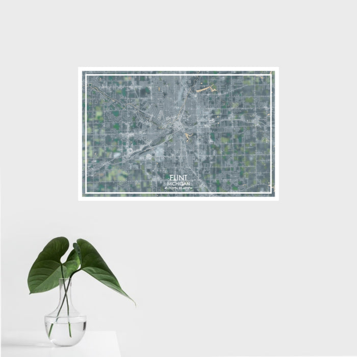 16x24 Flint Michigan Map Print Landscape Orientation in Afternoon Style With Tropical Plant Leaves in Water