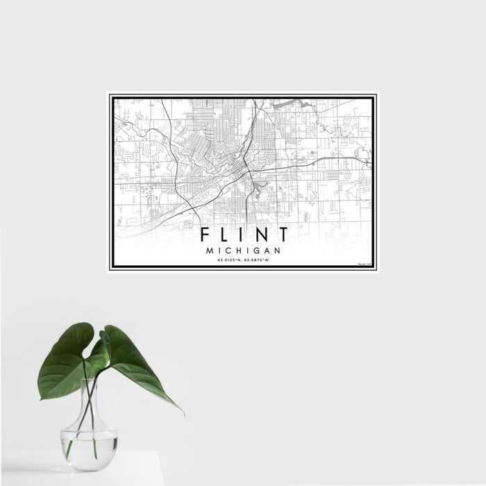 16x24 Flint Michigan Map Print Landscape Orientation in Classic Style With Tropical Plant Leaves in Water