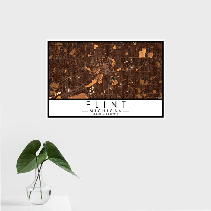 16x24 Flint Michigan Map Print Landscape Orientation in Ember Style With Tropical Plant Leaves in Water