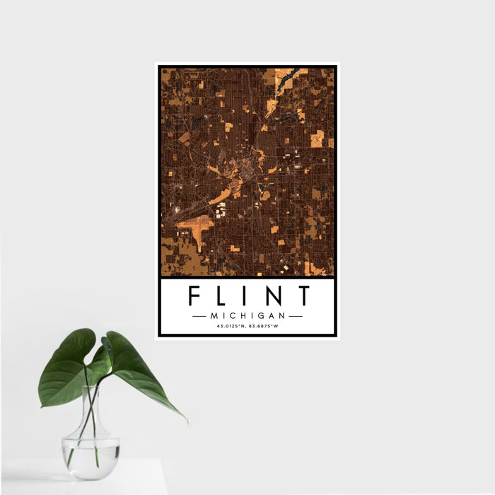 16x24 Flint Michigan Map Print Portrait Orientation in Ember Style With Tropical Plant Leaves in Water