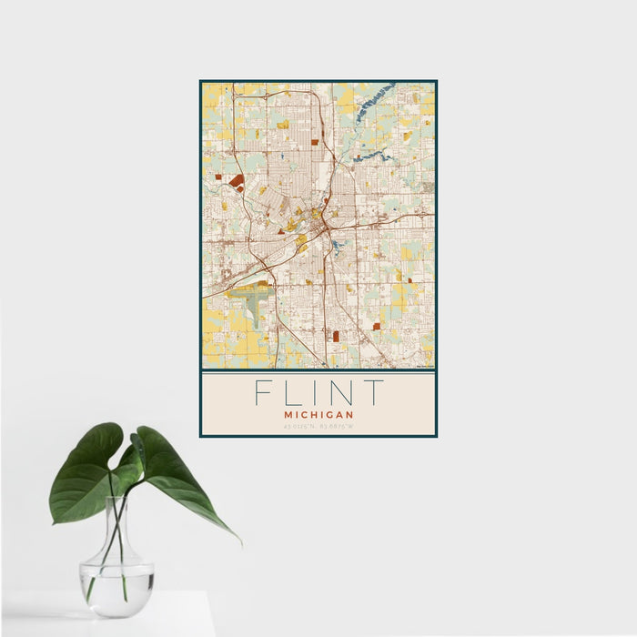 16x24 Flint Michigan Map Print Portrait Orientation in Woodblock Style With Tropical Plant Leaves in Water