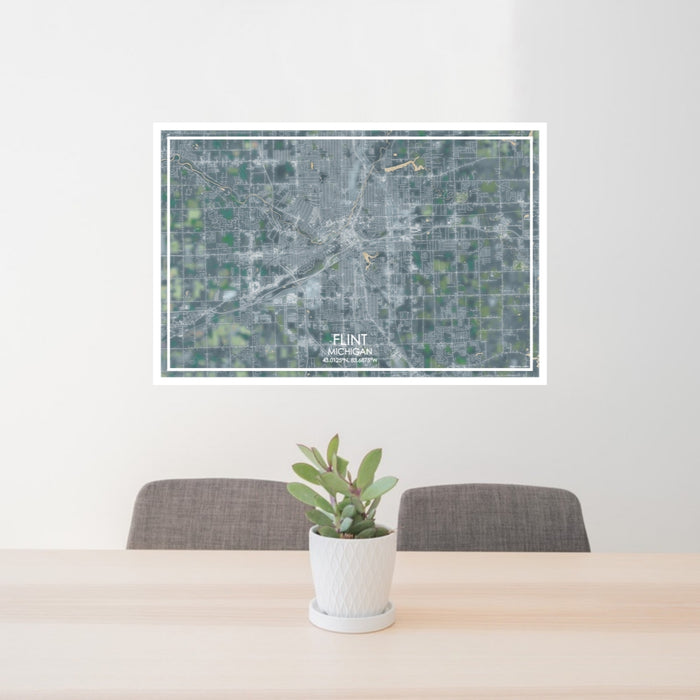 24x36 Flint Michigan Map Print Lanscape Orientation in Afternoon Style Behind 2 Chairs Table and Potted Plant