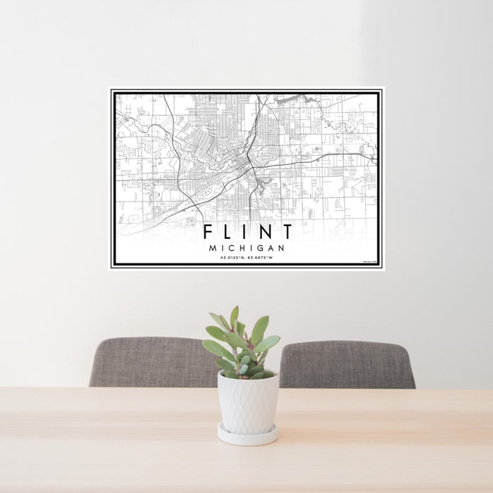 24x36 Flint Michigan Map Print Lanscape Orientation in Classic Style Behind 2 Chairs Table and Potted Plant