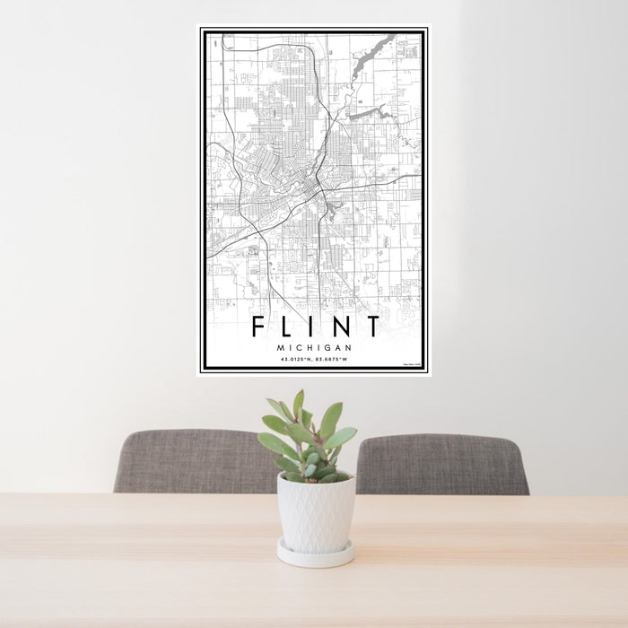 24x36 Flint Michigan Map Print Portrait Orientation in Classic Style Behind 2 Chairs Table and Potted Plant